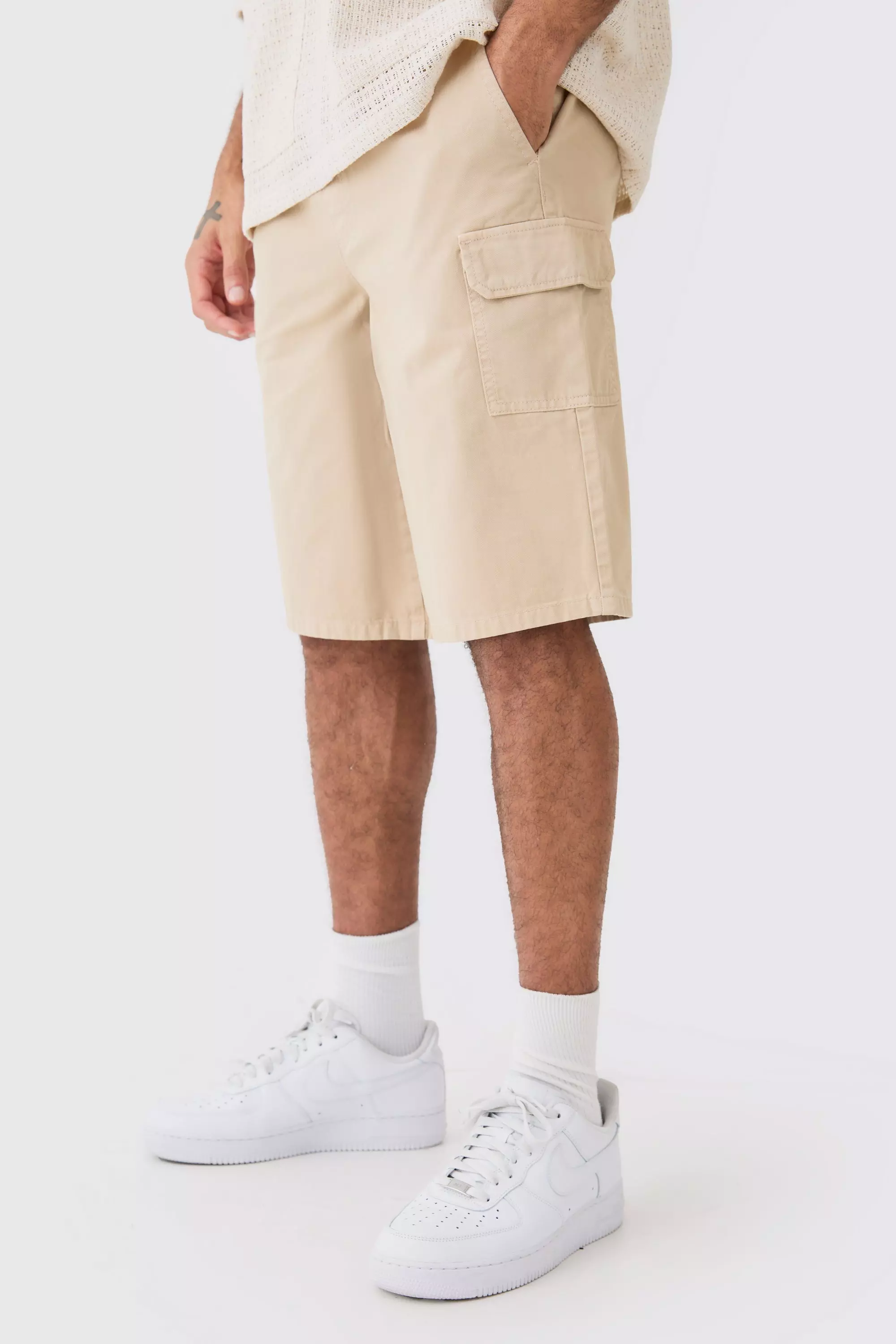 Longer Length Relaxed Fit Elasticated Waist Cargo Shorts Stone