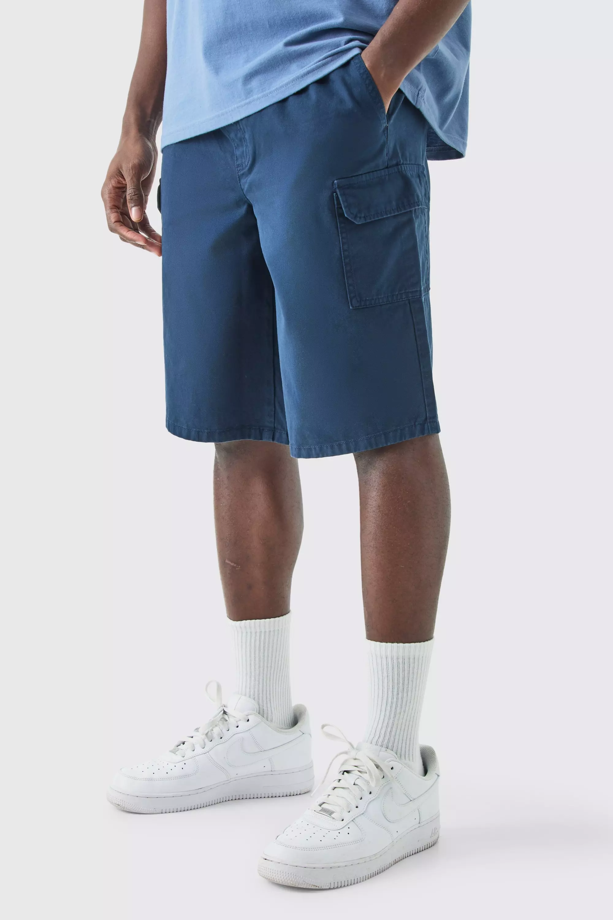 Longer Length Relaxed Fit Elasticated Waist Cargo Shorts Navy