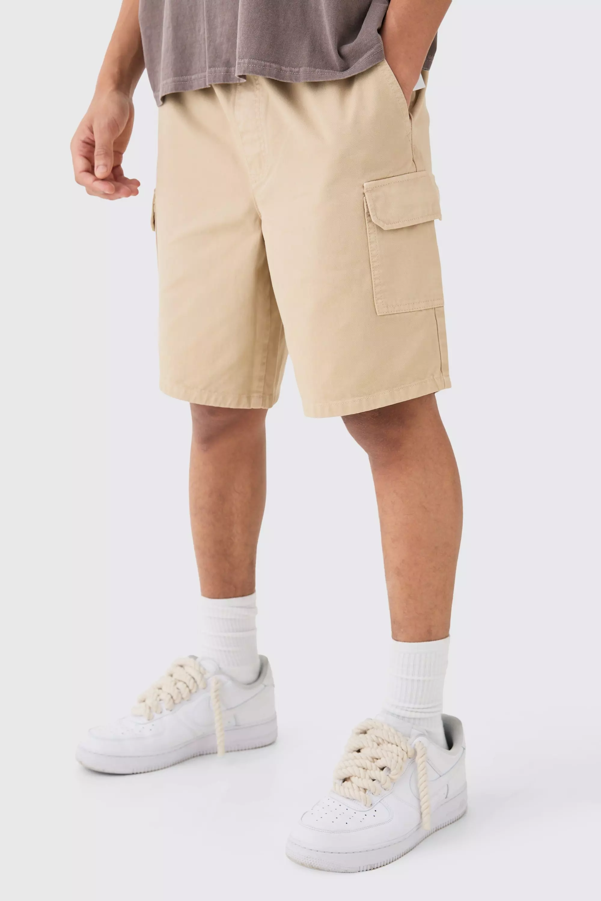 Relaxed Fit Elasticated Waist Cargo Shorts Stone