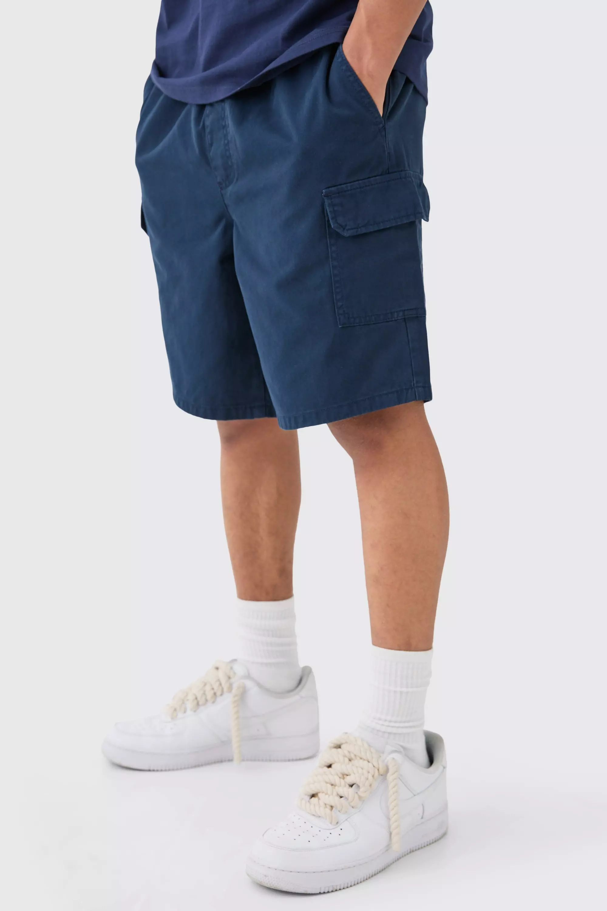 Relaxed Fit Elasticated Waist Cargo Shorts Navy