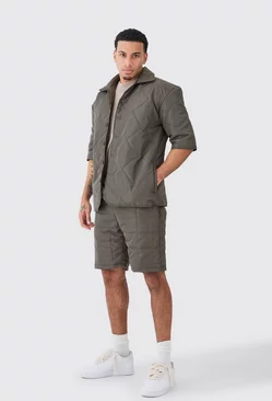 Quilted Square Shirt And Short Set green olive
