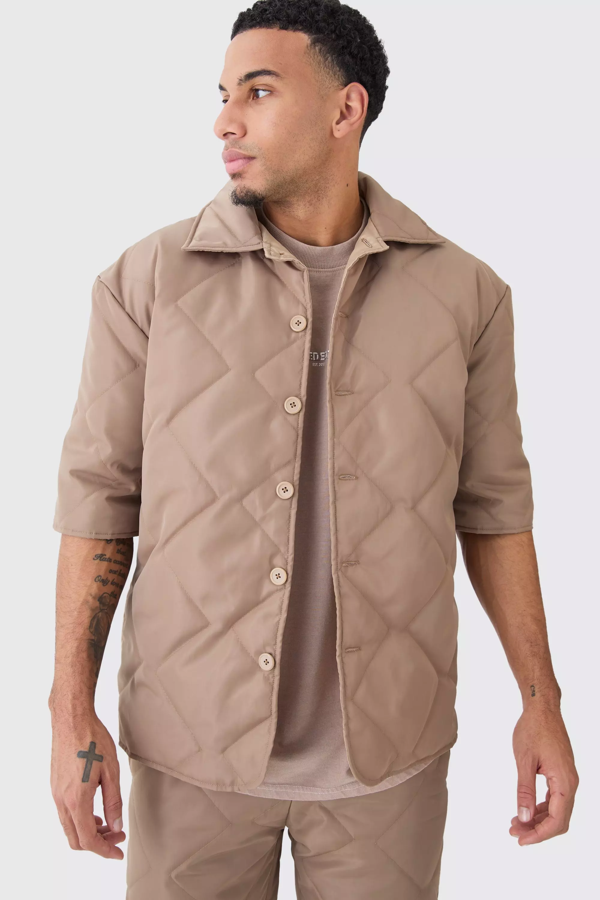 Taupe Beige Oversized Short Sleeve Quilted Shirt