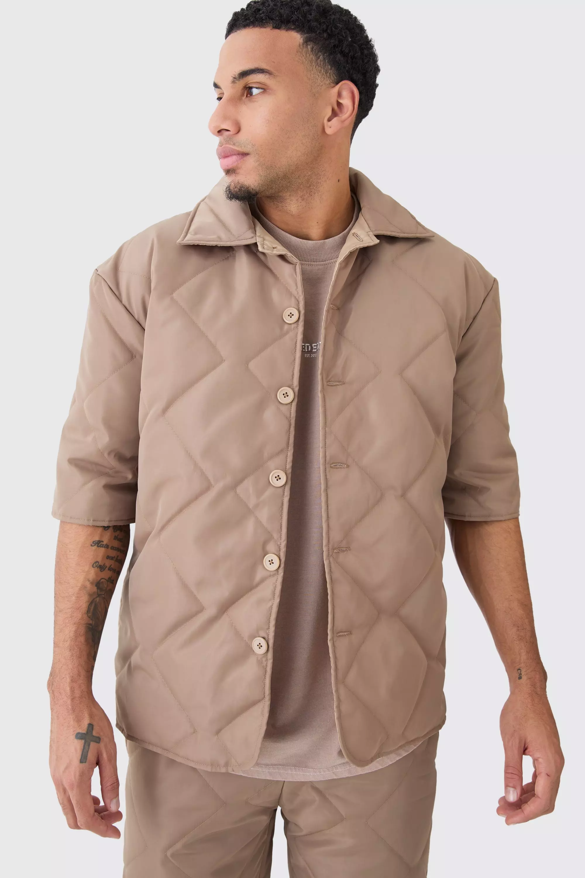 Oversized Short Sleeve Quilted Shirt Taupe