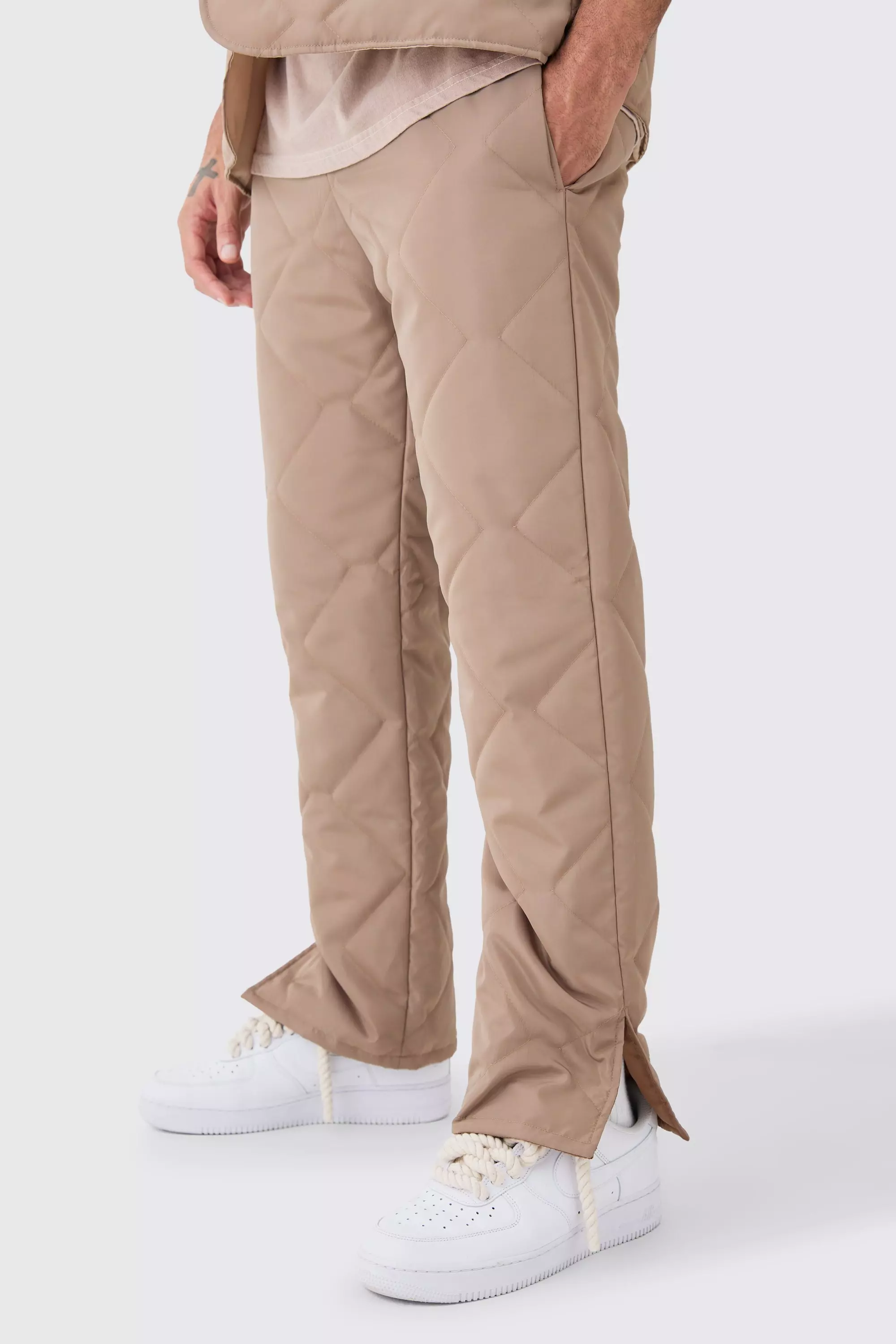 Taupe Beige Straight Leg Quilted Trouser