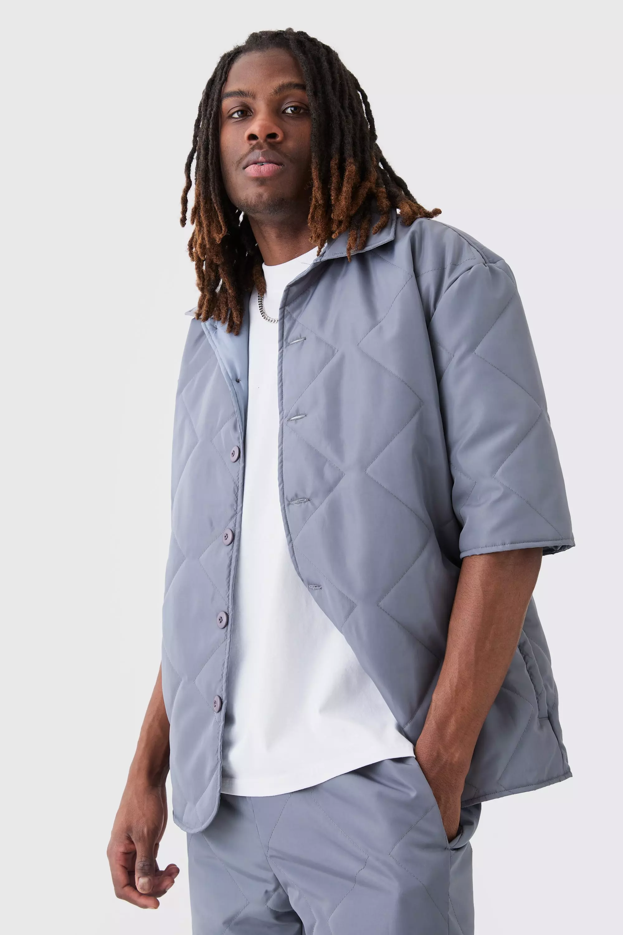 Grey Oversized Short Sleeve Quilted Shirt alternative image