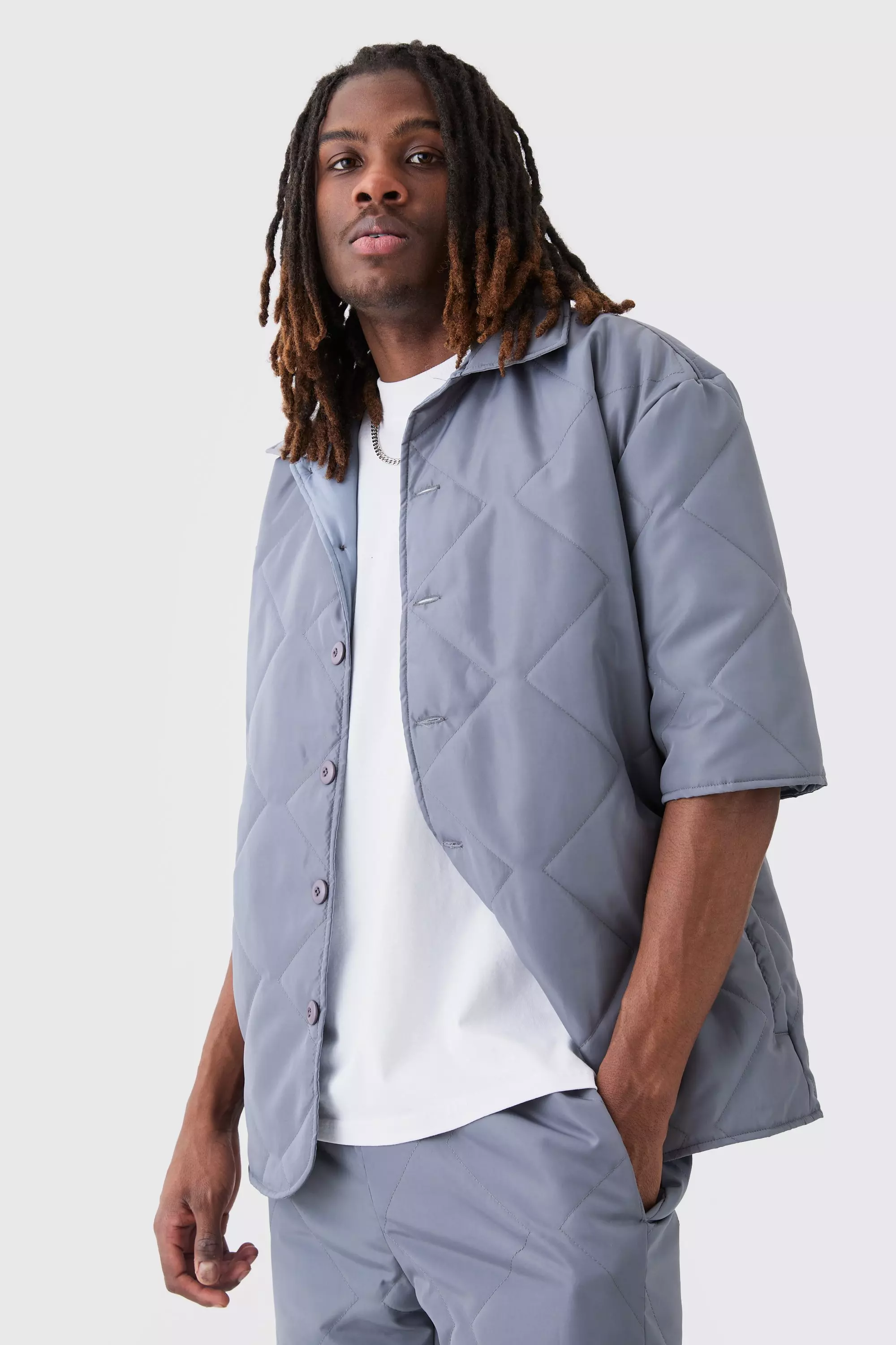Oversized Short Sleeve Quilted Shirt Grey