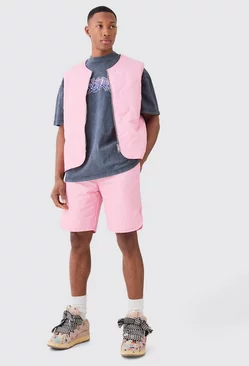 Pink Quilted Liner Gilet And Short Set