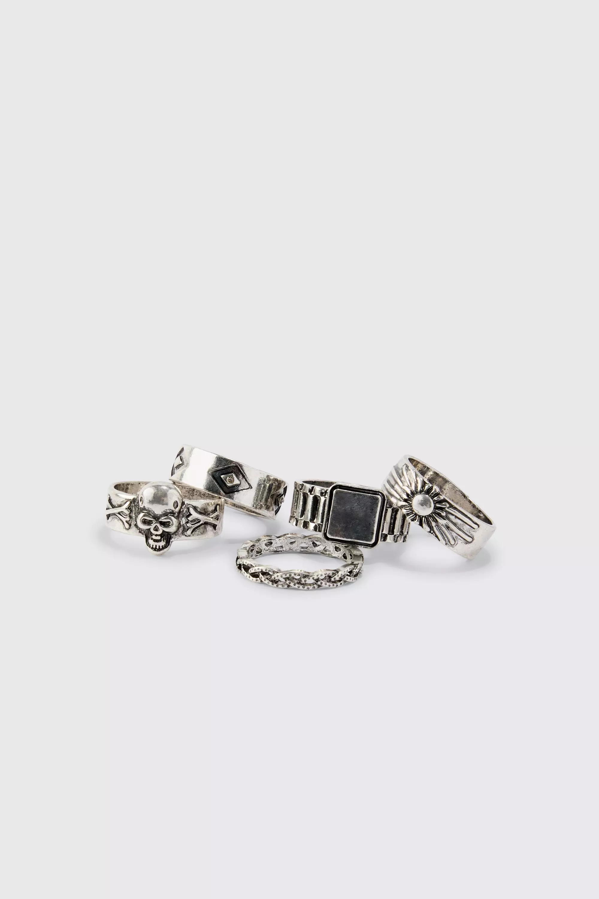 Silver Schedel Ringen Met Reliëf (5 Stuks) alternatieve afbeelding