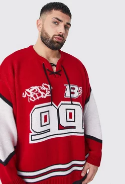 Red Plus Oversized Lace Up Hockey Jumper