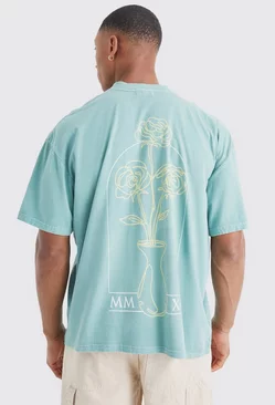 Sage Green Oversized Overdyed Floral Stencil Graphic T-shirt