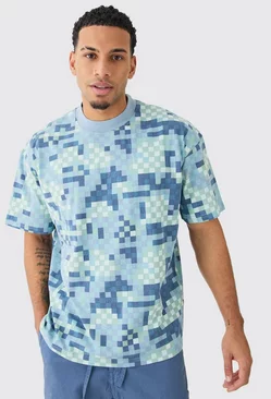 Heavy Weight Pixel Camo Oversized Extended Neck T-shirt Blue