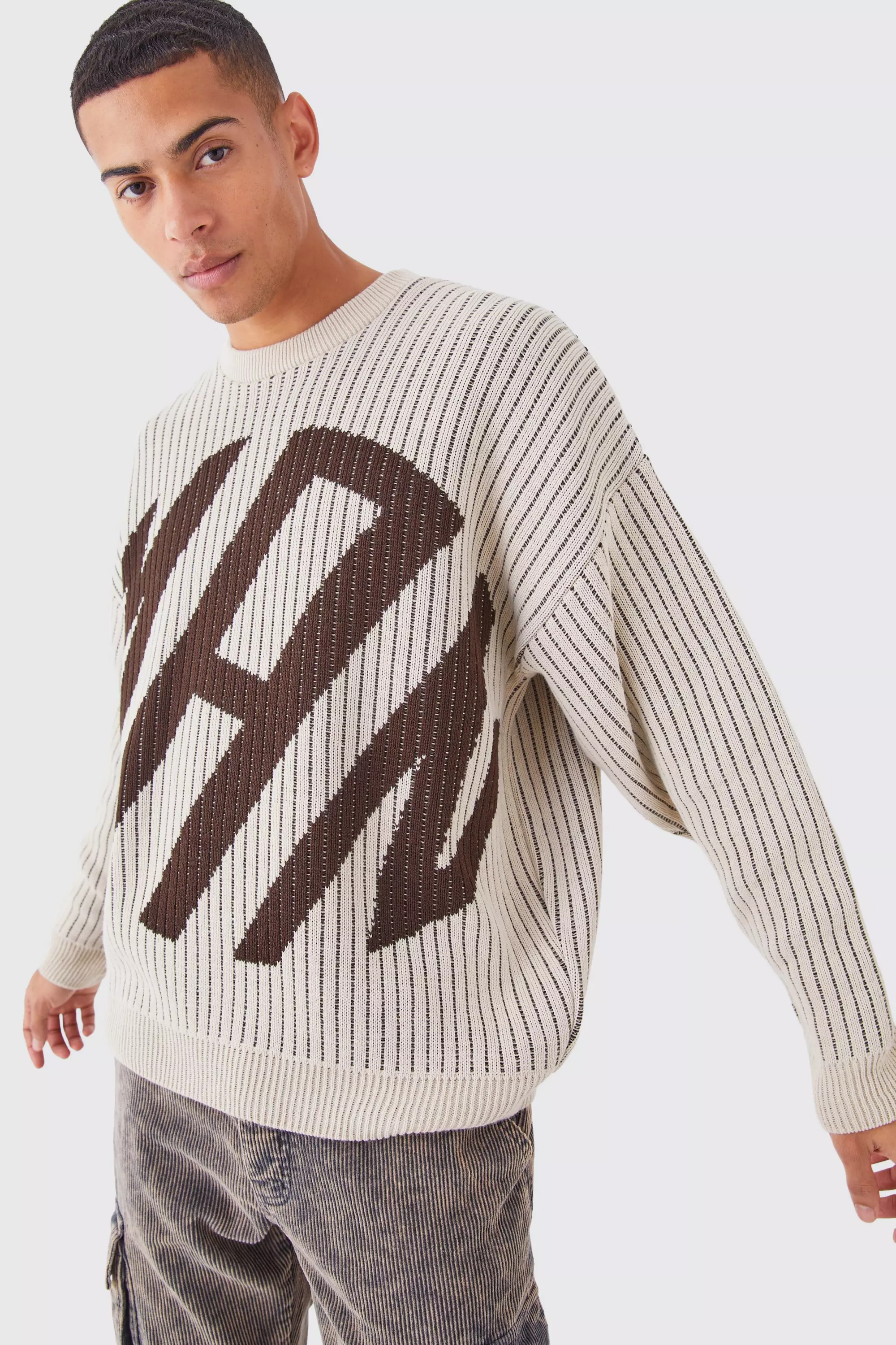 Oversized Ribbed Knitted Crew Neck Sweater Stone