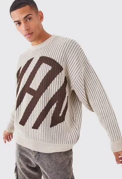 Oversized Ribbed Knitted Crew Neck Jumper Stone