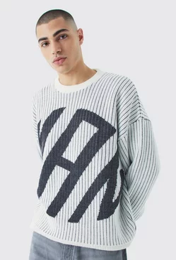 Oversized Ribbed Knitted Crew Neck Jumper Charcoal