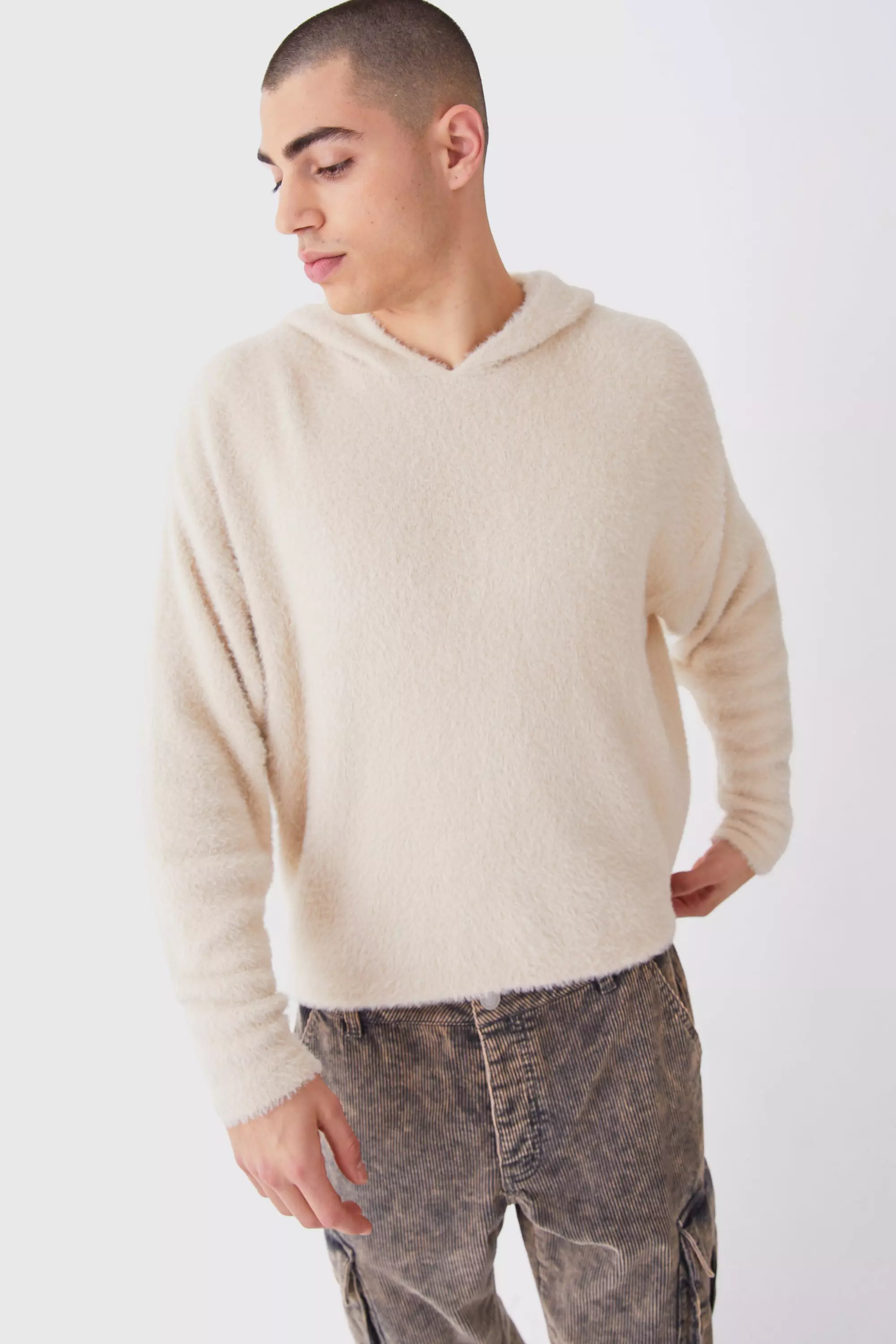 Fluffy Knitted Boxy Hoodie Stone