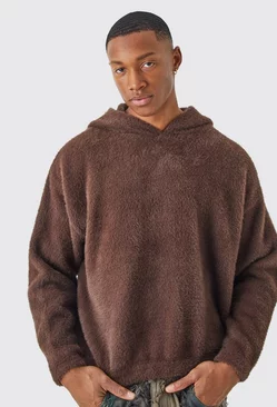 Fluffy Knitted Boxy Hoodie Chocolate