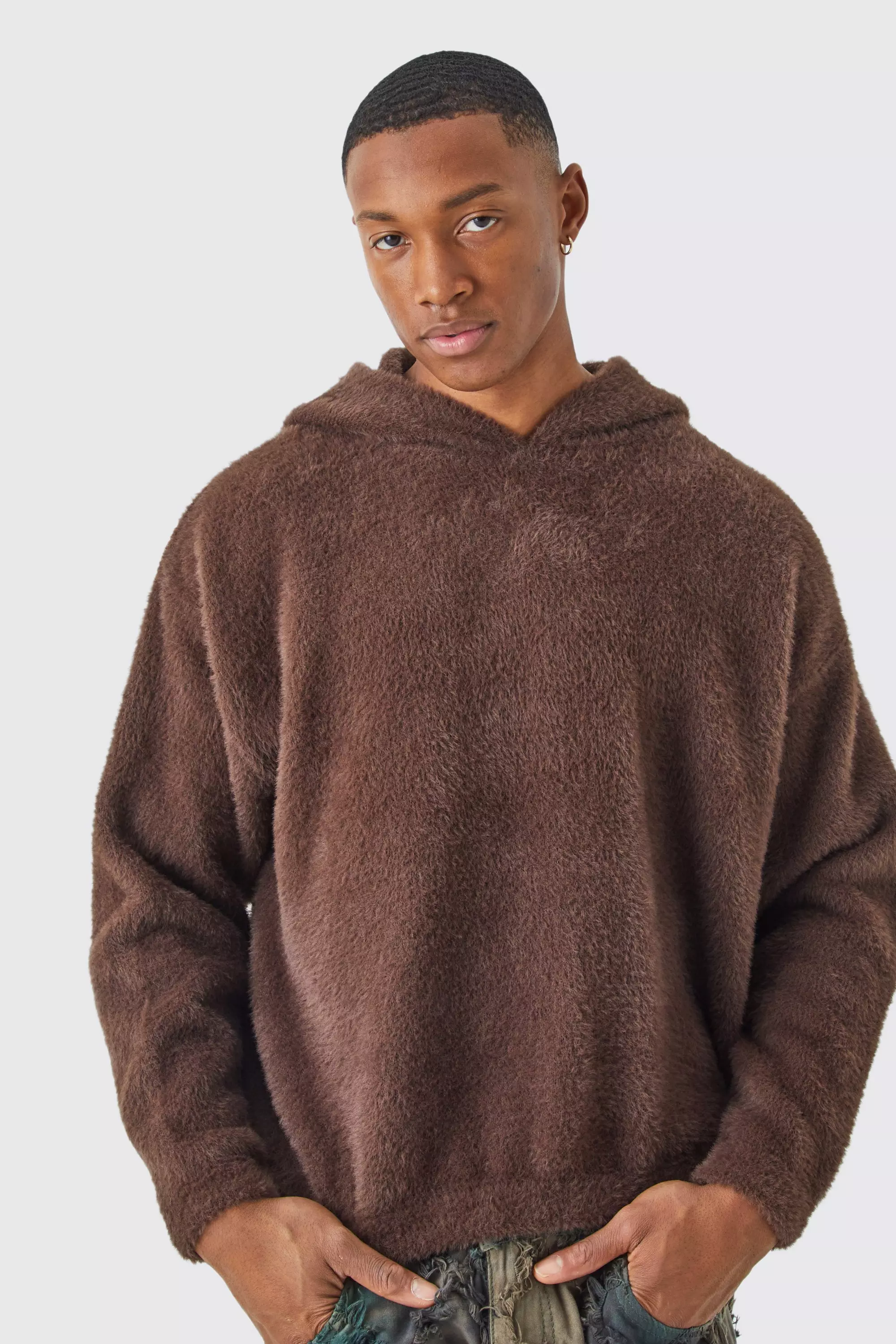 Fluffy Knitted Boxy Hoodie Chocolate