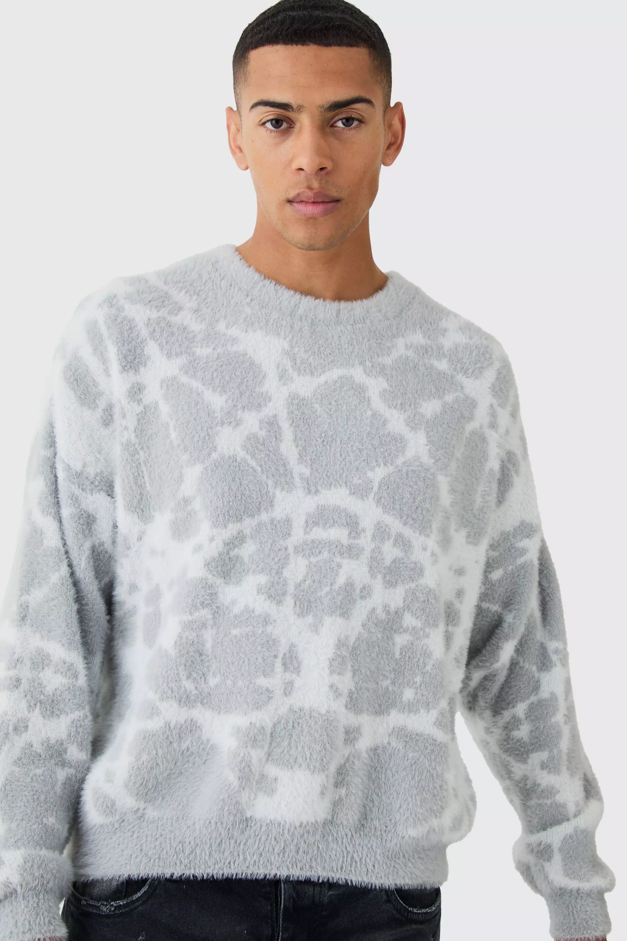 Light grey Fluffy Abstract Knitted Boxy Jumper alternative image