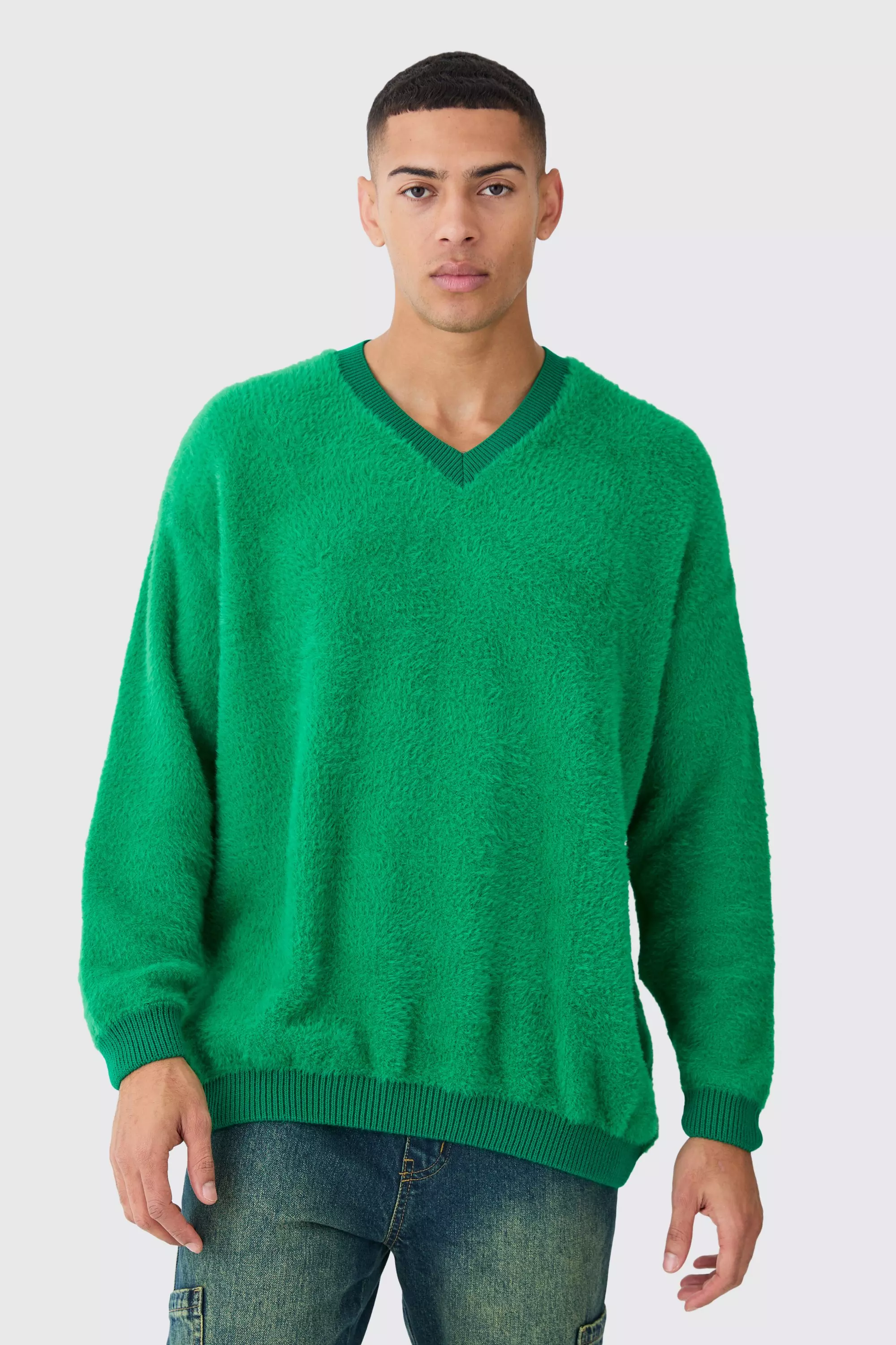 Fluffy Contrast V Neck Boxy Jumper Green