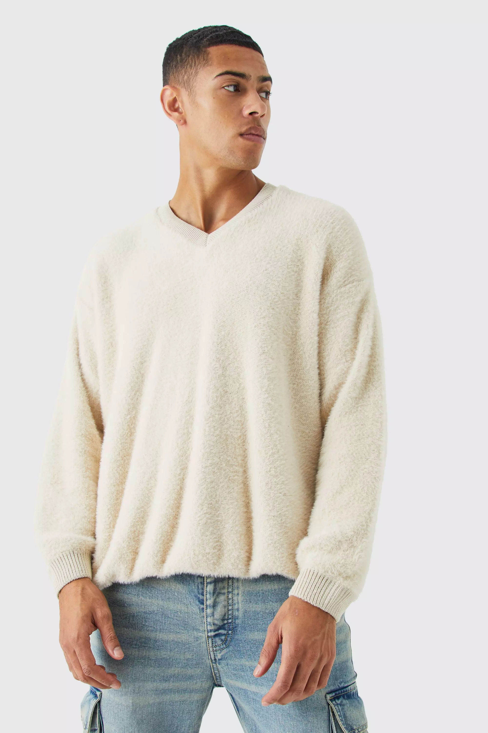 Fluffy Contrast V Neck Boxy Sweater Stone