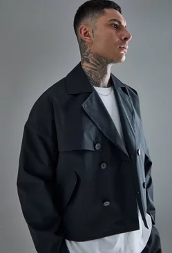 Black Tall Cropped Double Breasted Trench Coat