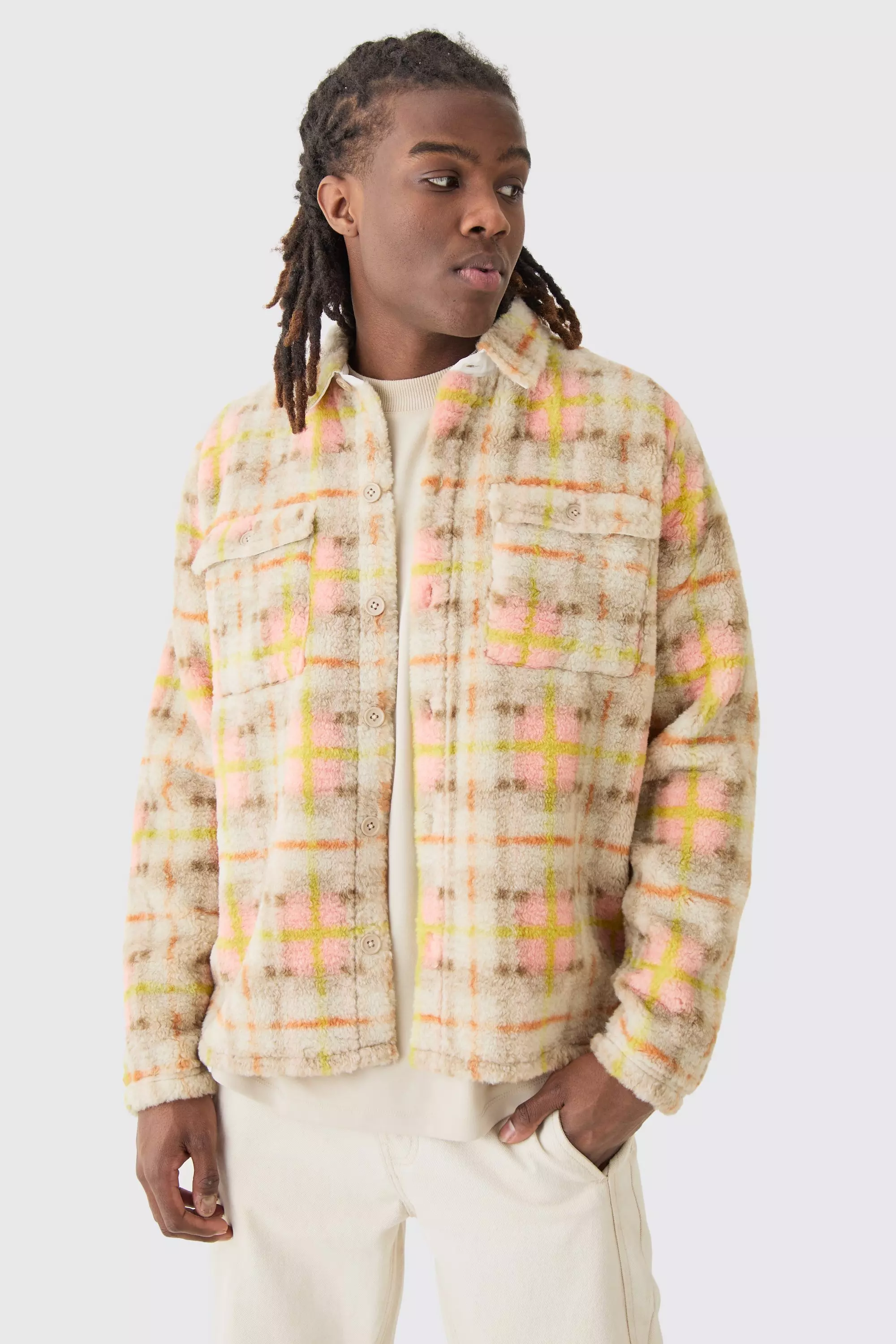 Borg Patch Pocket Pastel Plaid Overshirt Ecru