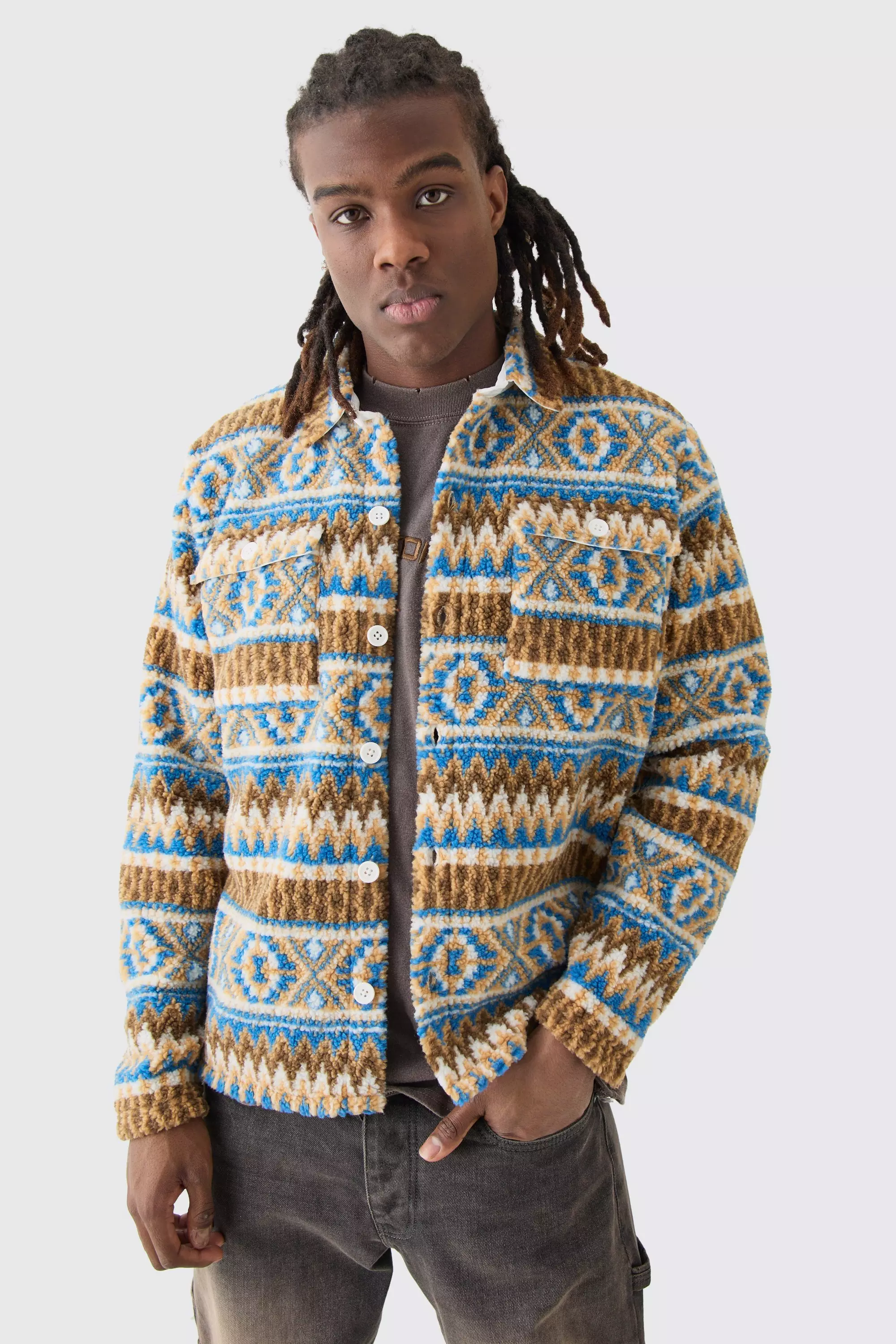 Borg Patch Pocket Stripe Aztec Overshirt Mustard