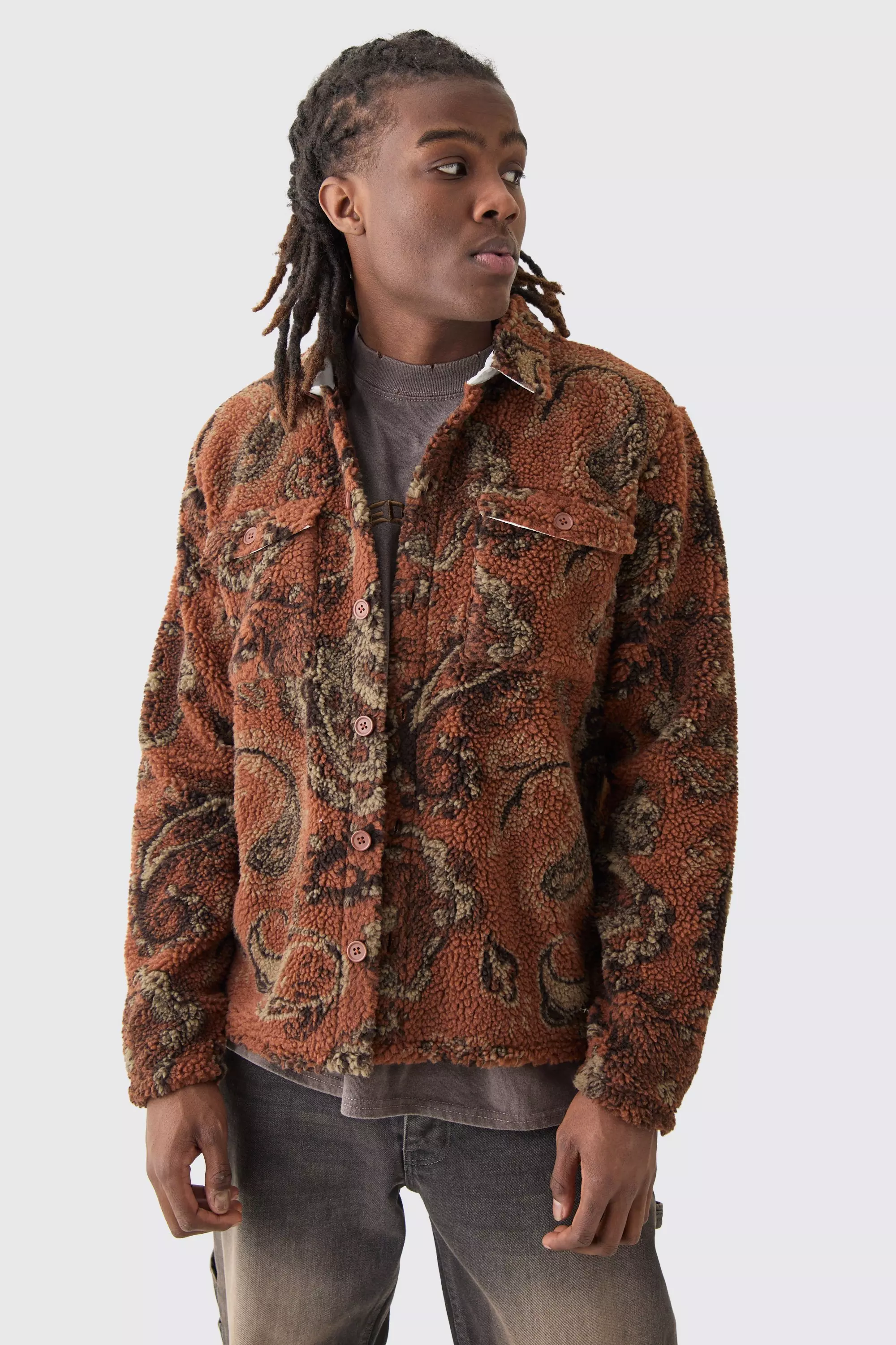 Brown Borg Patch Pocket Tonal Paisley Overshirt