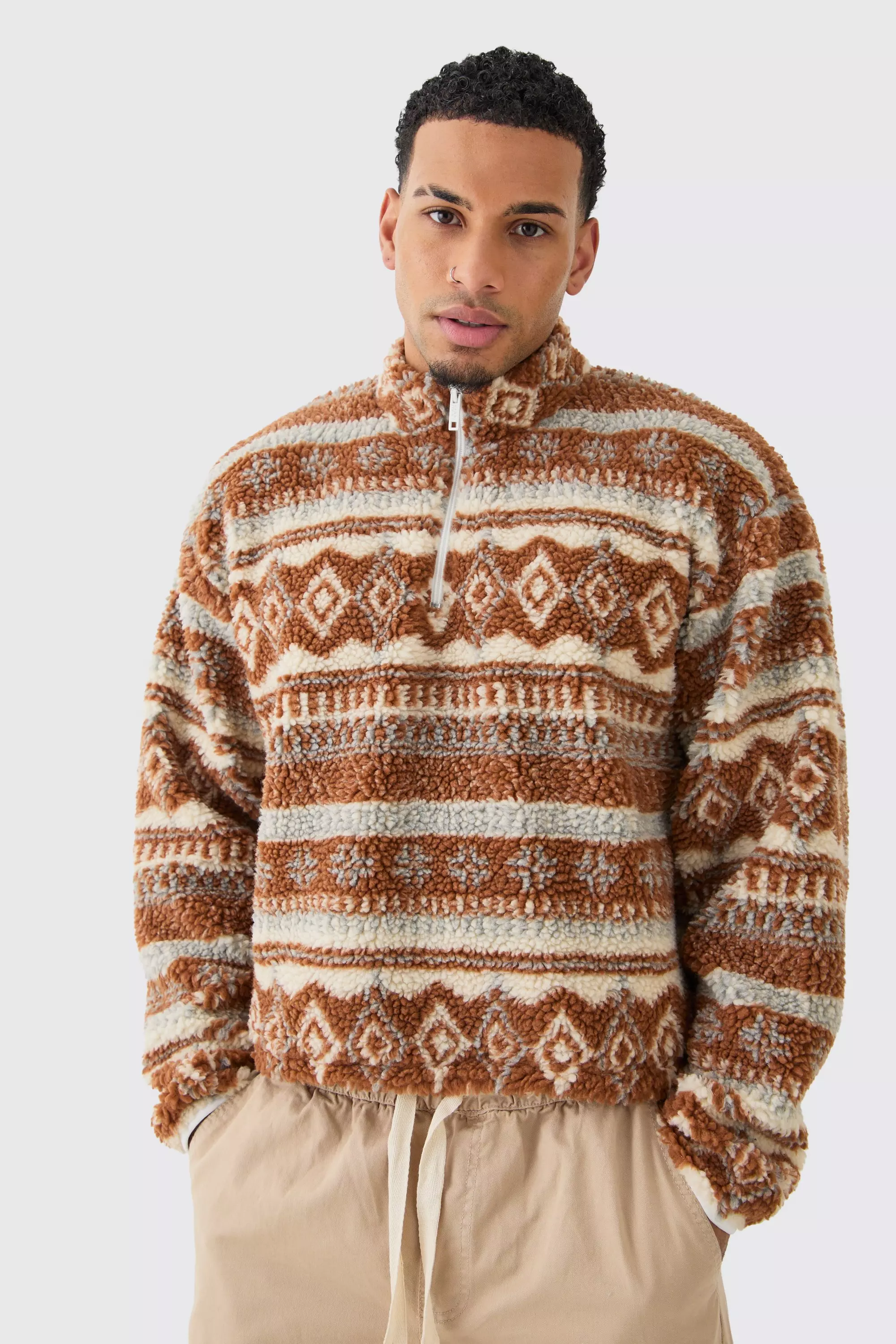 Borg Quarter Zip Aztec Shirt Brown