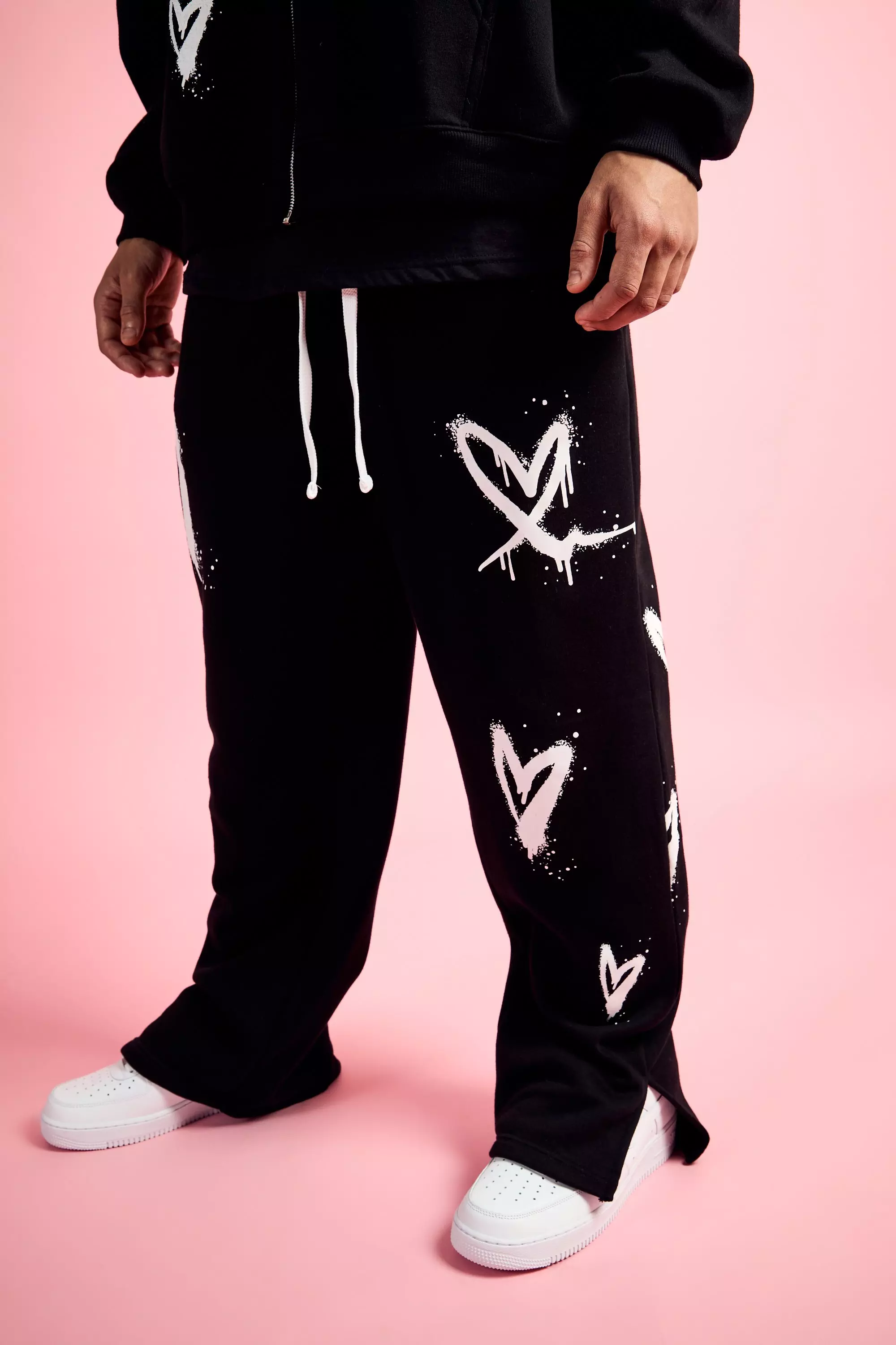 Black Relaxed Split Hem Heart Jogger