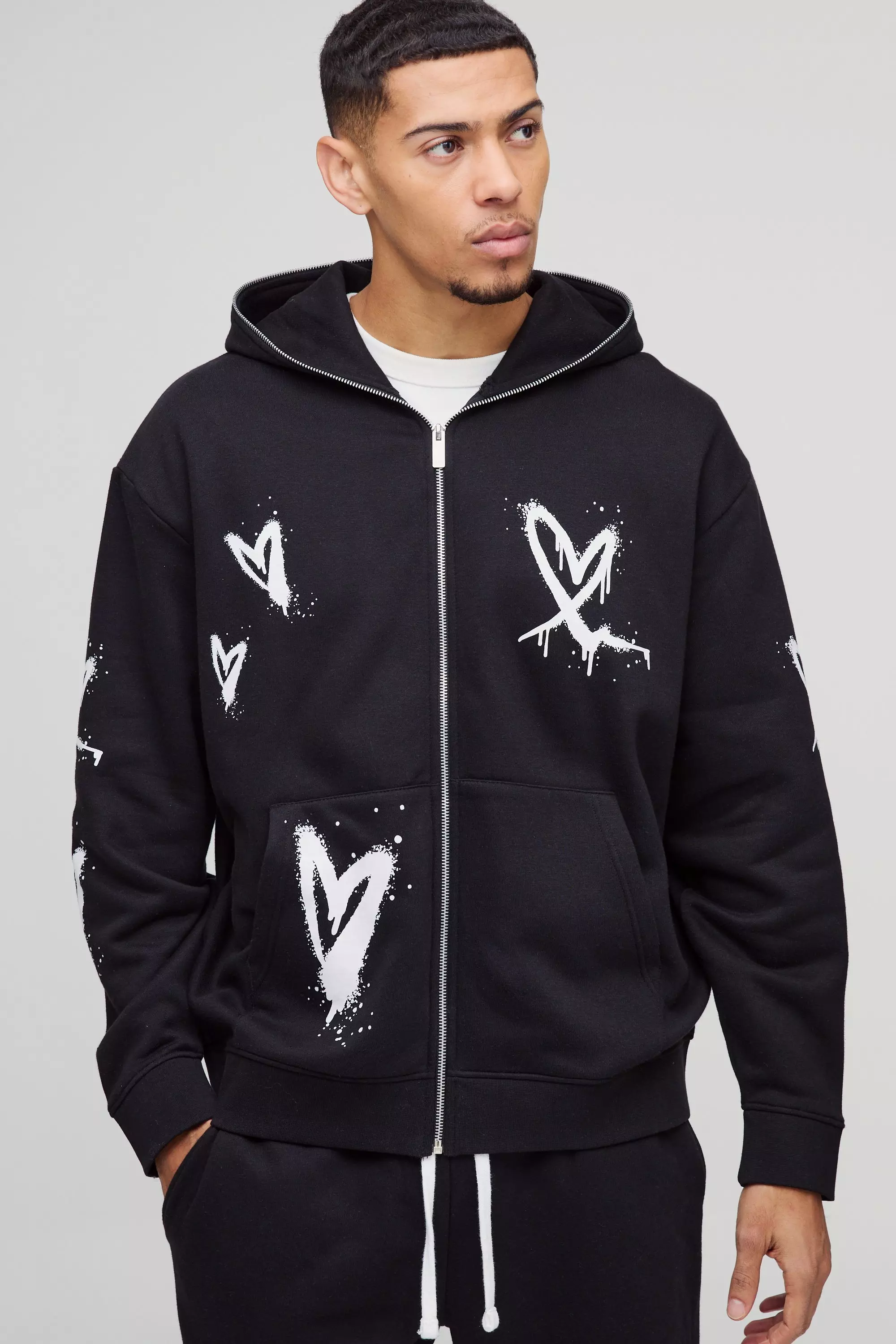 Black Oversized Heart Zip Through Hoodie