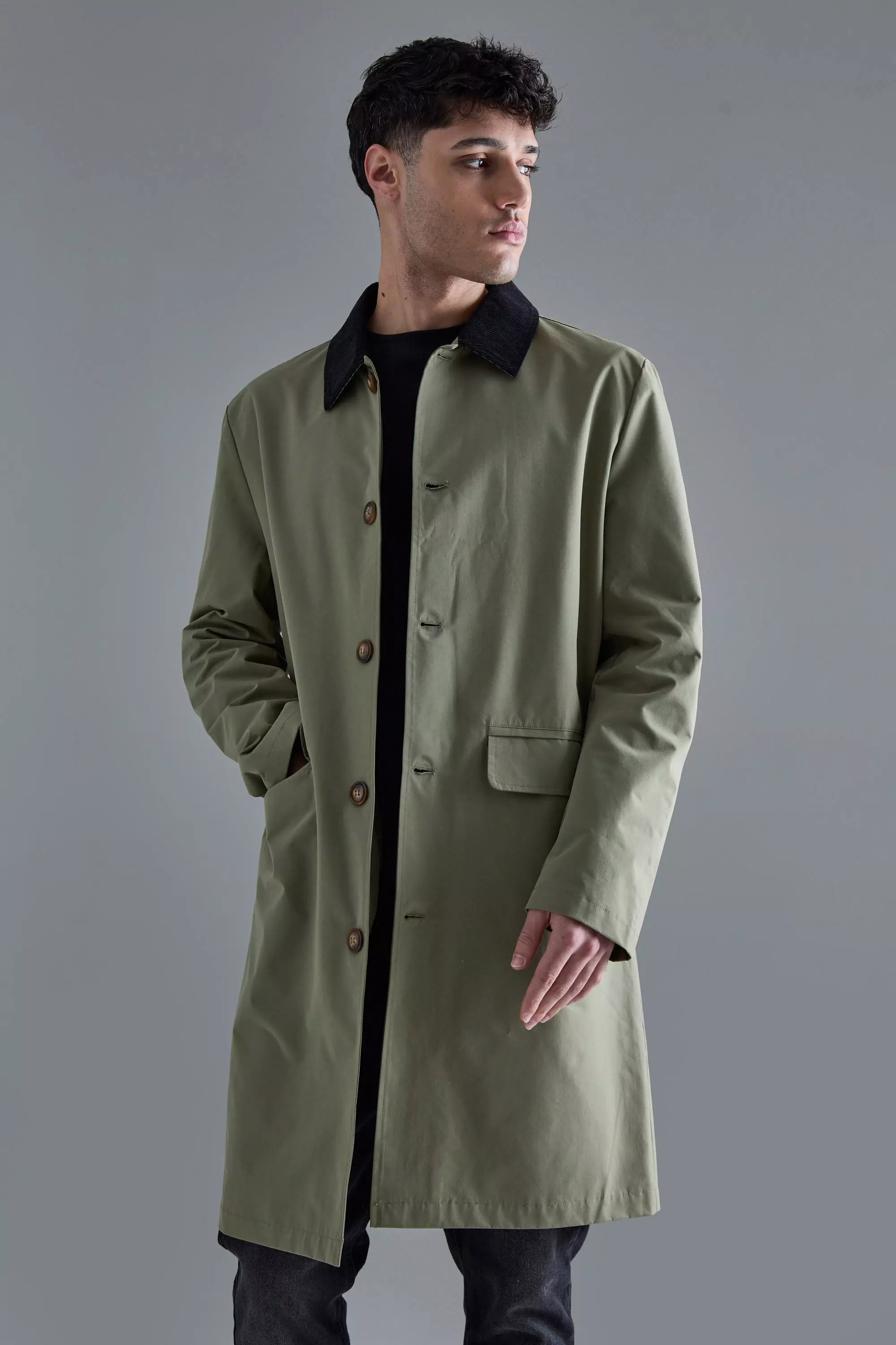 Cord Collar Button Through Raincoat boohooMAN USA