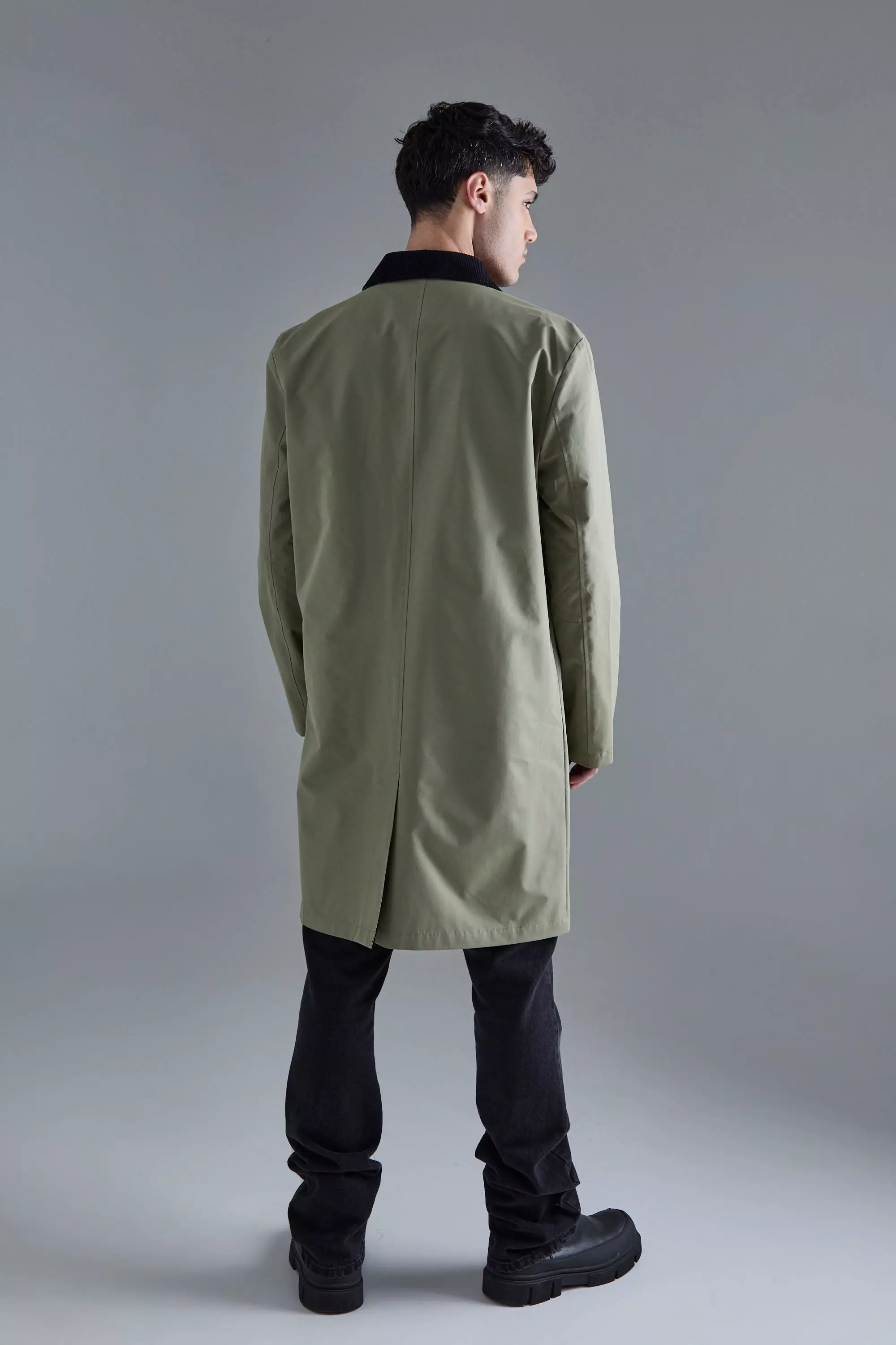 Cord Collar Button Through Raincoat boohooMAN USA