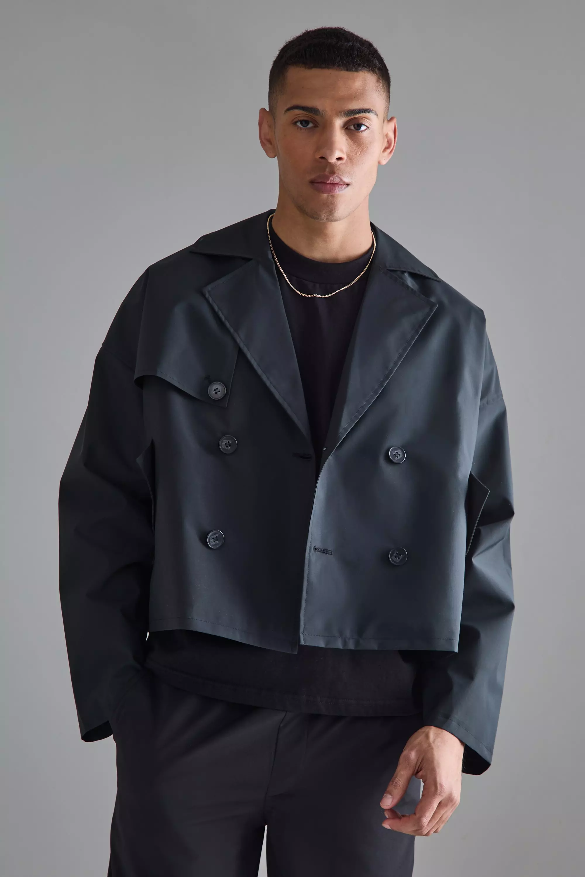 Cropped Double Breasted Trench Coat Black