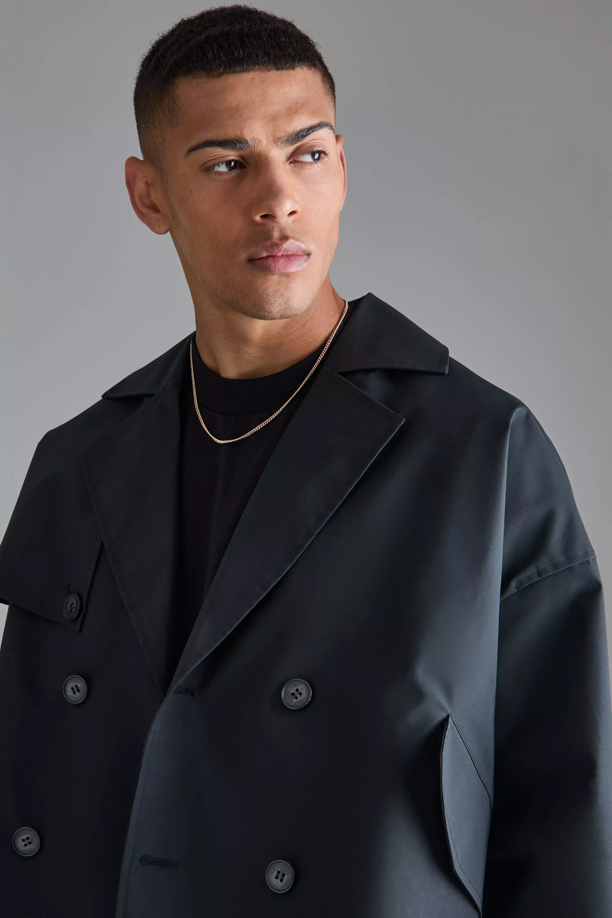 Cropped Double Breasted Trench Coat | boohooMAN USA