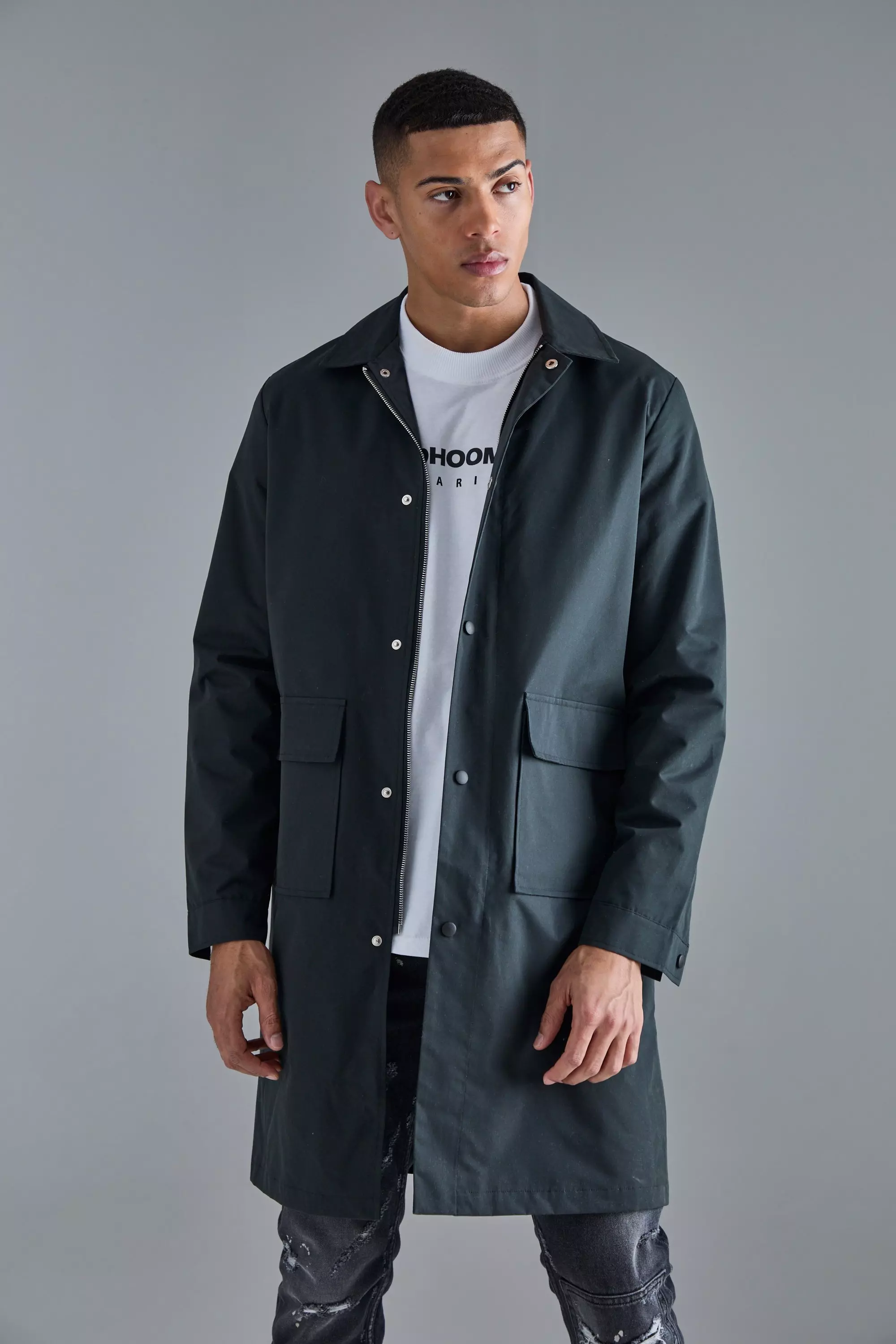 Black Pocket Detail Mid Length Mac alternative image