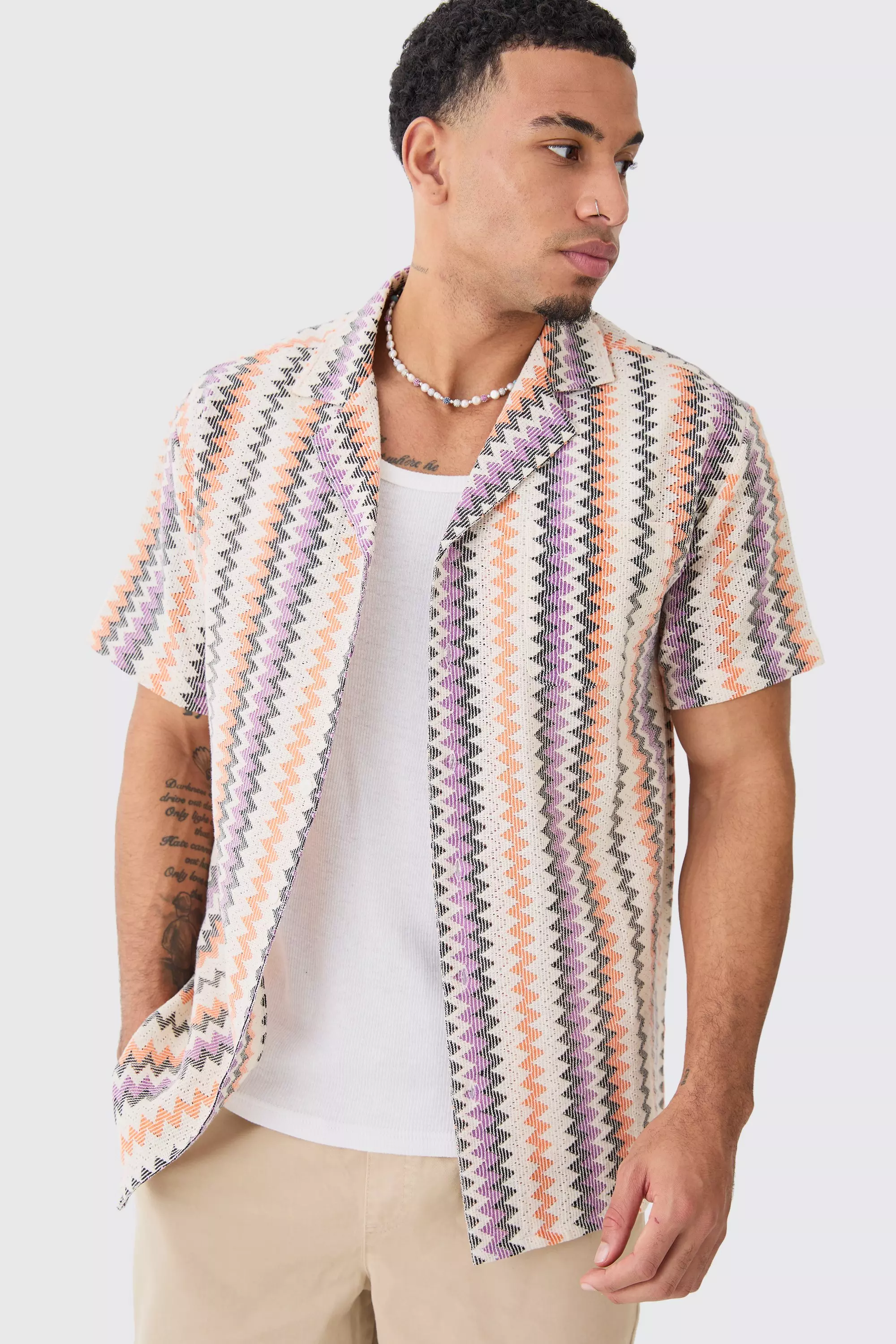 Open Weave Striped Pocket Oversized Shirt Multi