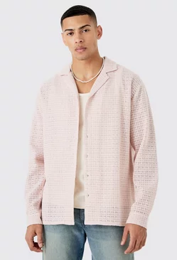 Pink Open Weave Long Sleeve Oversized Shirt