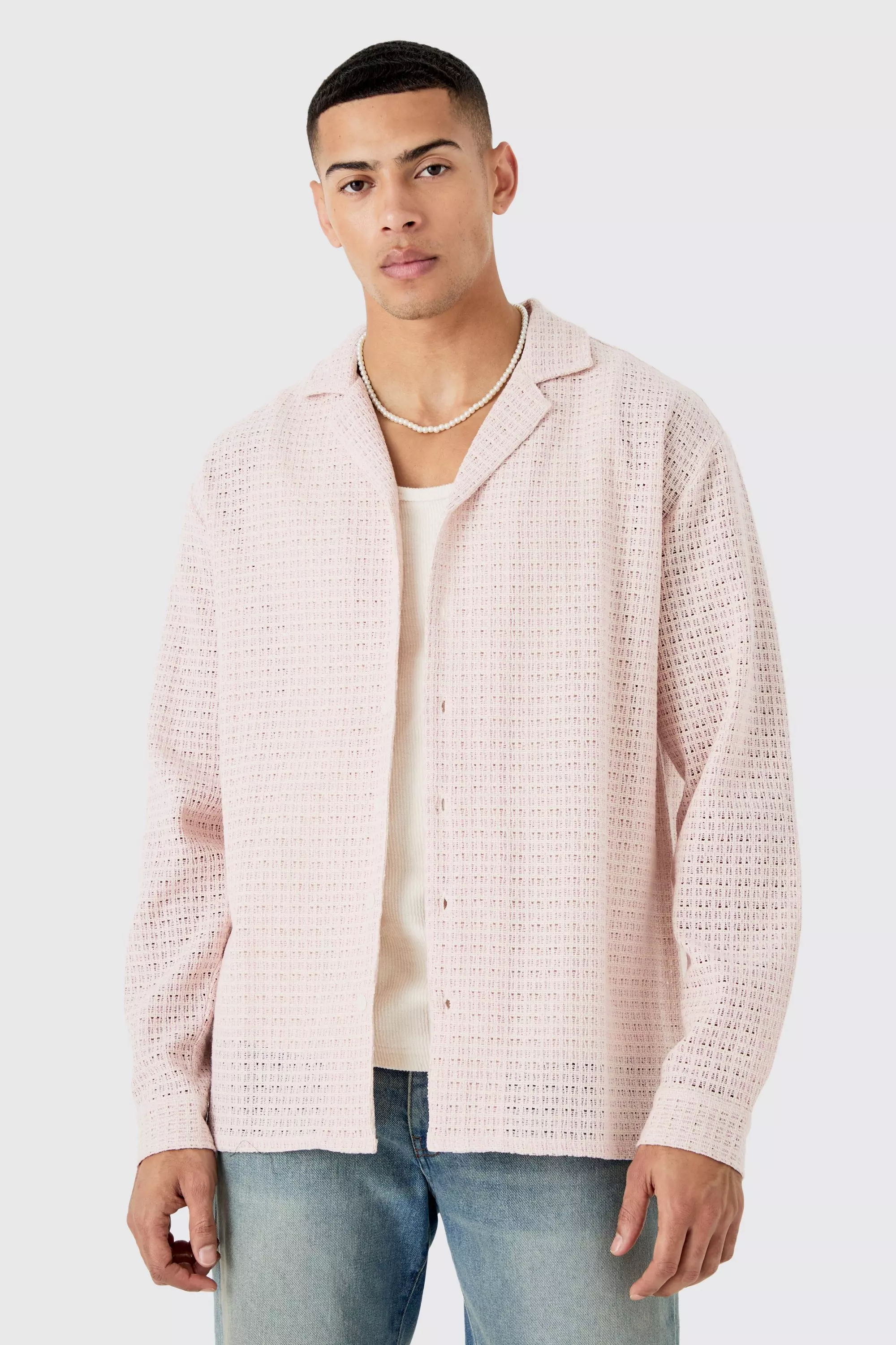 Open Weave Long Sleeve Oversized Shirt Pink