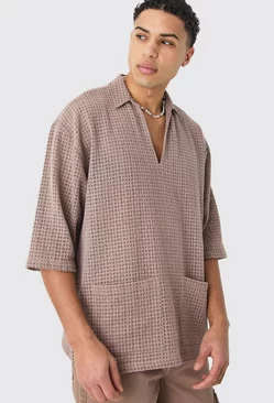 Open Weave Overhead V Neck Shirt Taupe