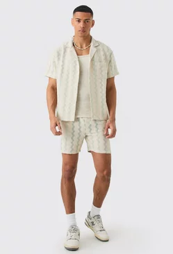 Sage Green Oversized Open Weave Geo Stripe Shirt And Short
