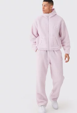 Pink Oversized Boxy Zip Through Embroidered Hooded Tracksuit
