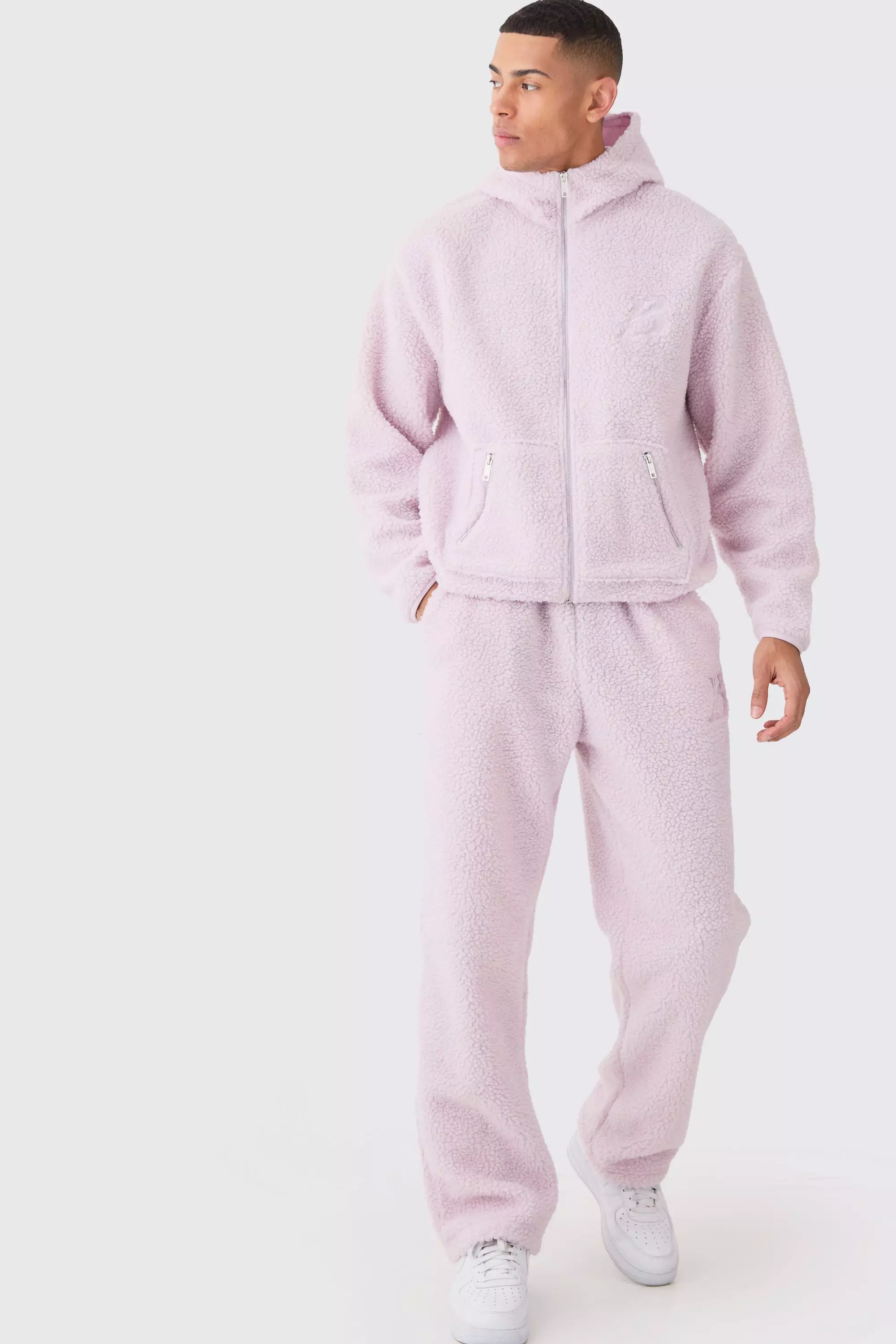 Oversized Boxy Zip Through Embroidered Hooded Tracksuit Light pink