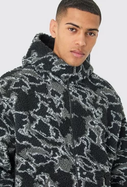 Black Oversized Boxy Zip Through Abstract Printed Borg Hoodie