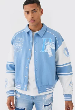 Blue Boxy 13 Applique Jersey Varsity Harrington Jacket