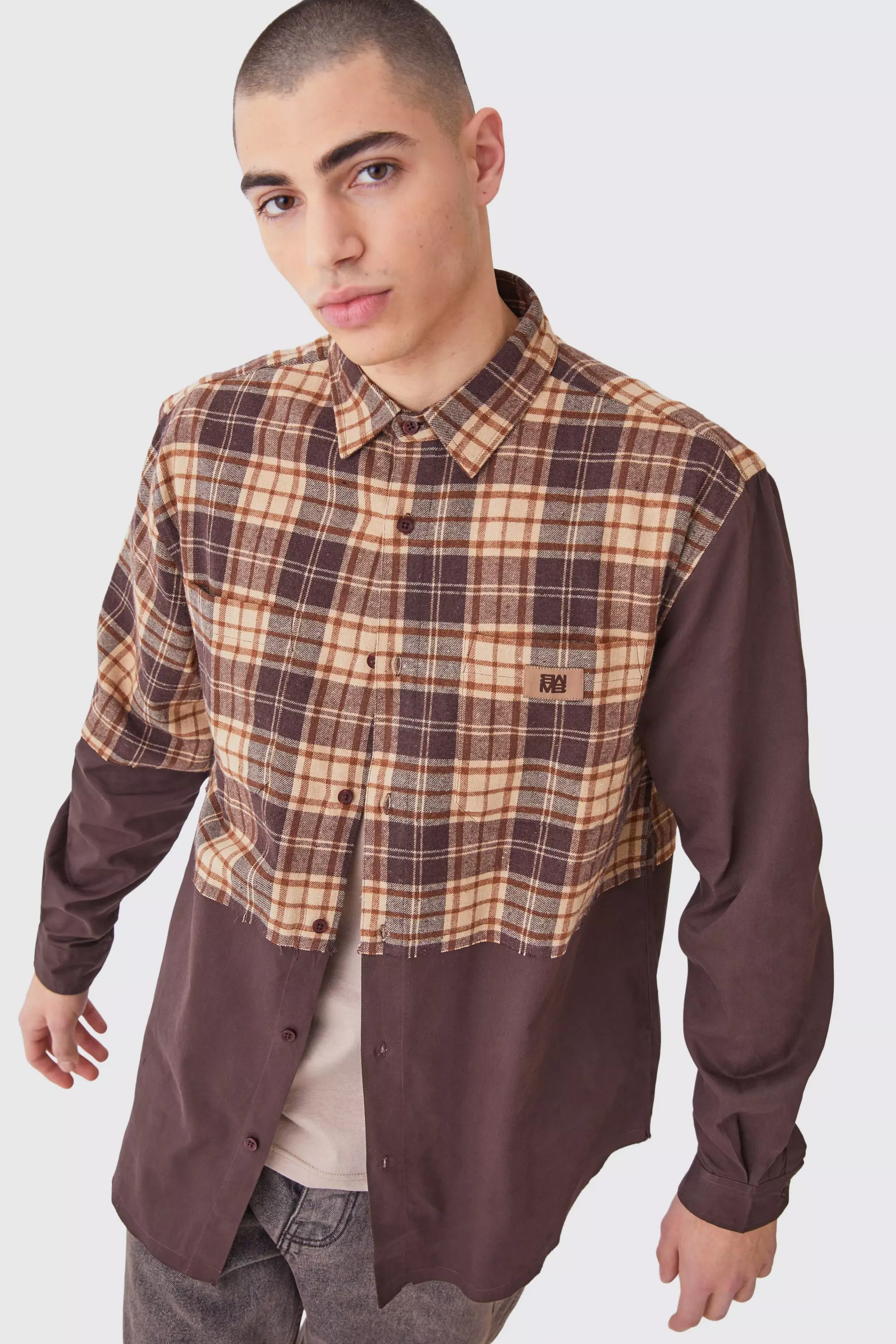 Brown Oversized Twill Spliced Plaid Overshirt