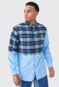 Oversized Twill Spliced Check Overshirt Pale blue