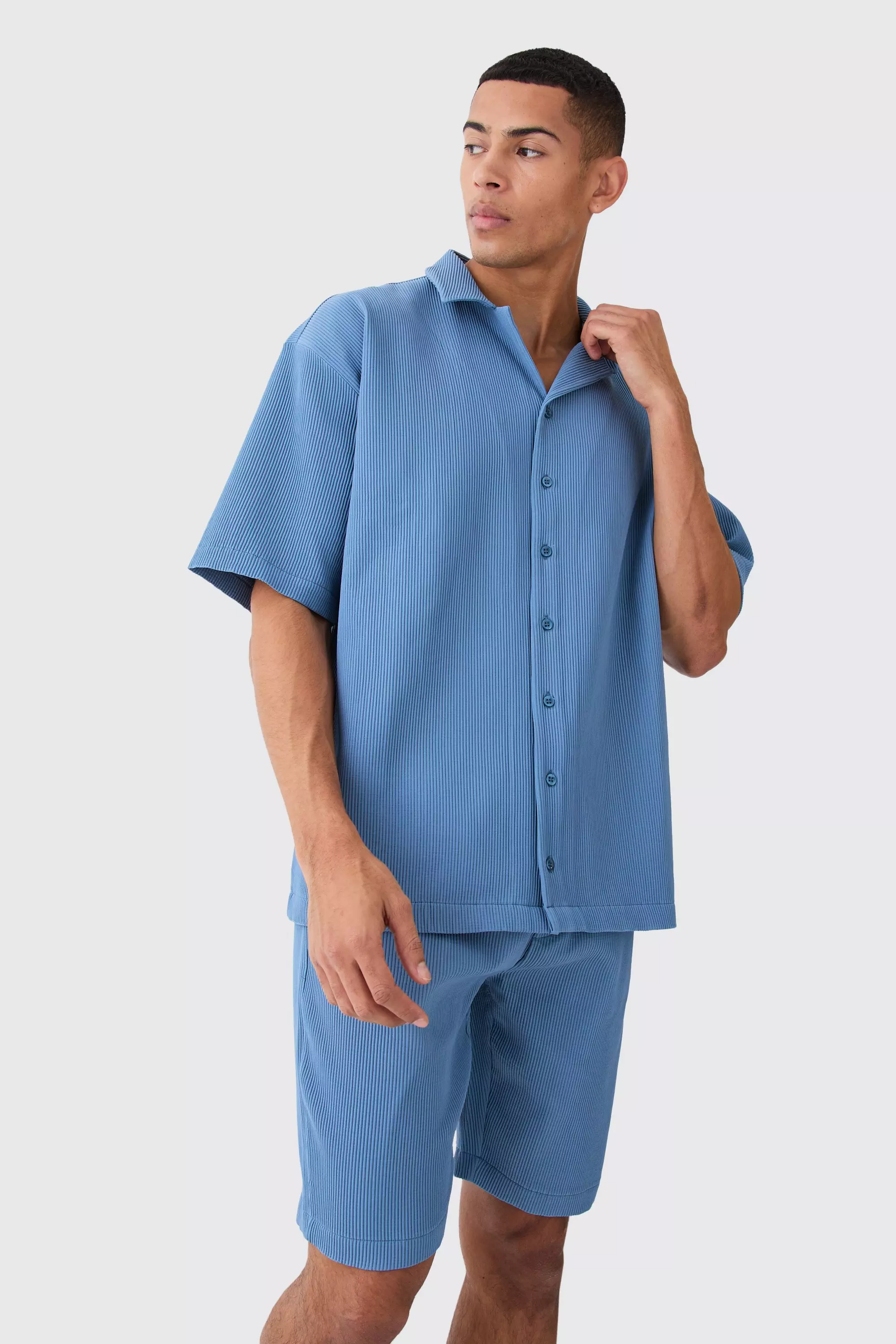 Oversized Pleated Shirt And Short Blue