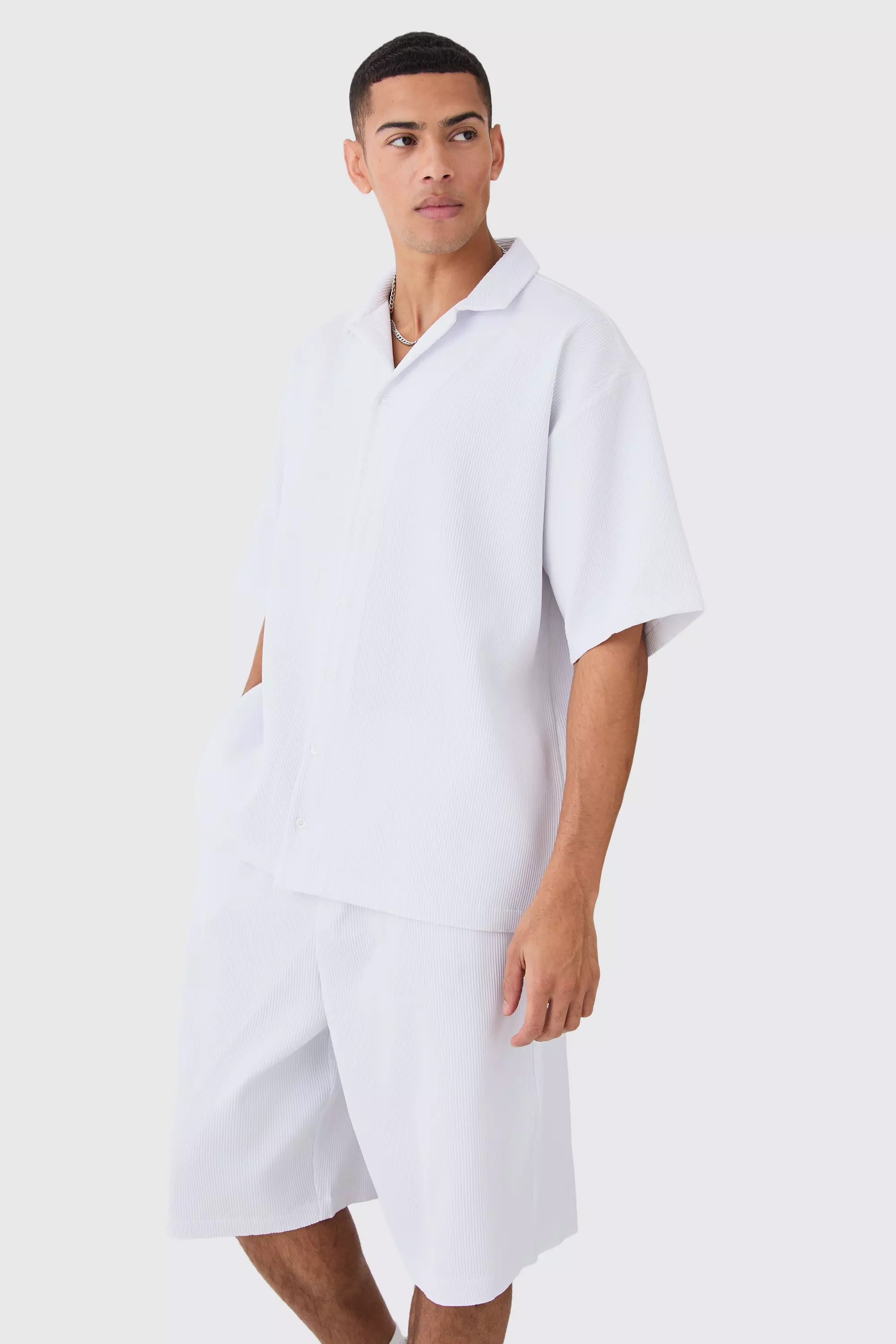 White Pleated Oversized Boxy Shirt And Short Set