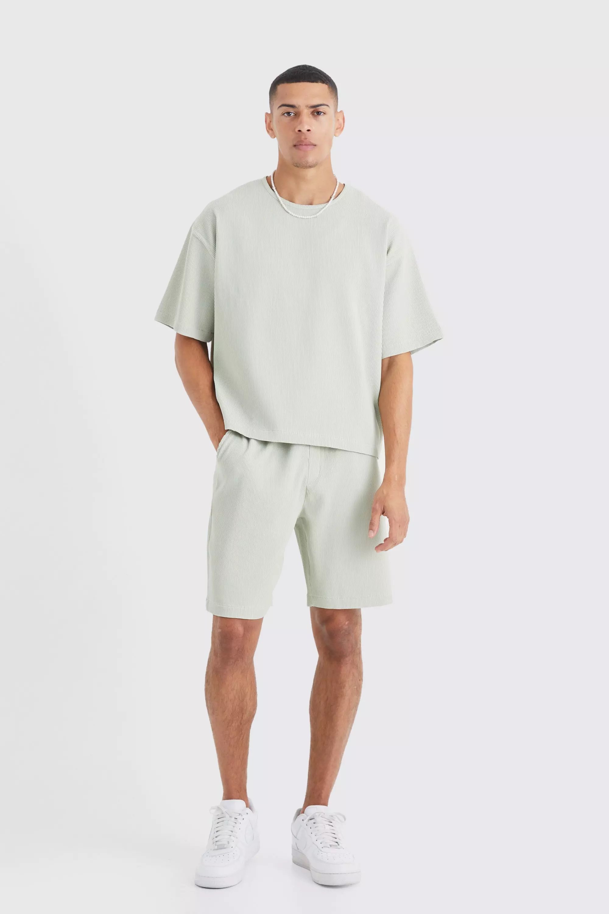 Sage Green Pleated Oversized Shirt And Short Set